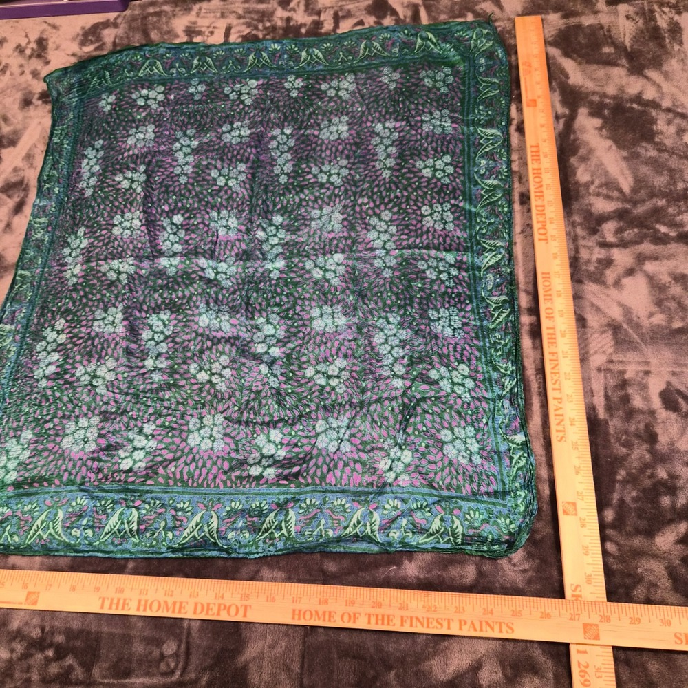Vintage Silk Square Scarf Green Purple Floral Paisley Block Print 27x27 Thin - Picture 6 of 7